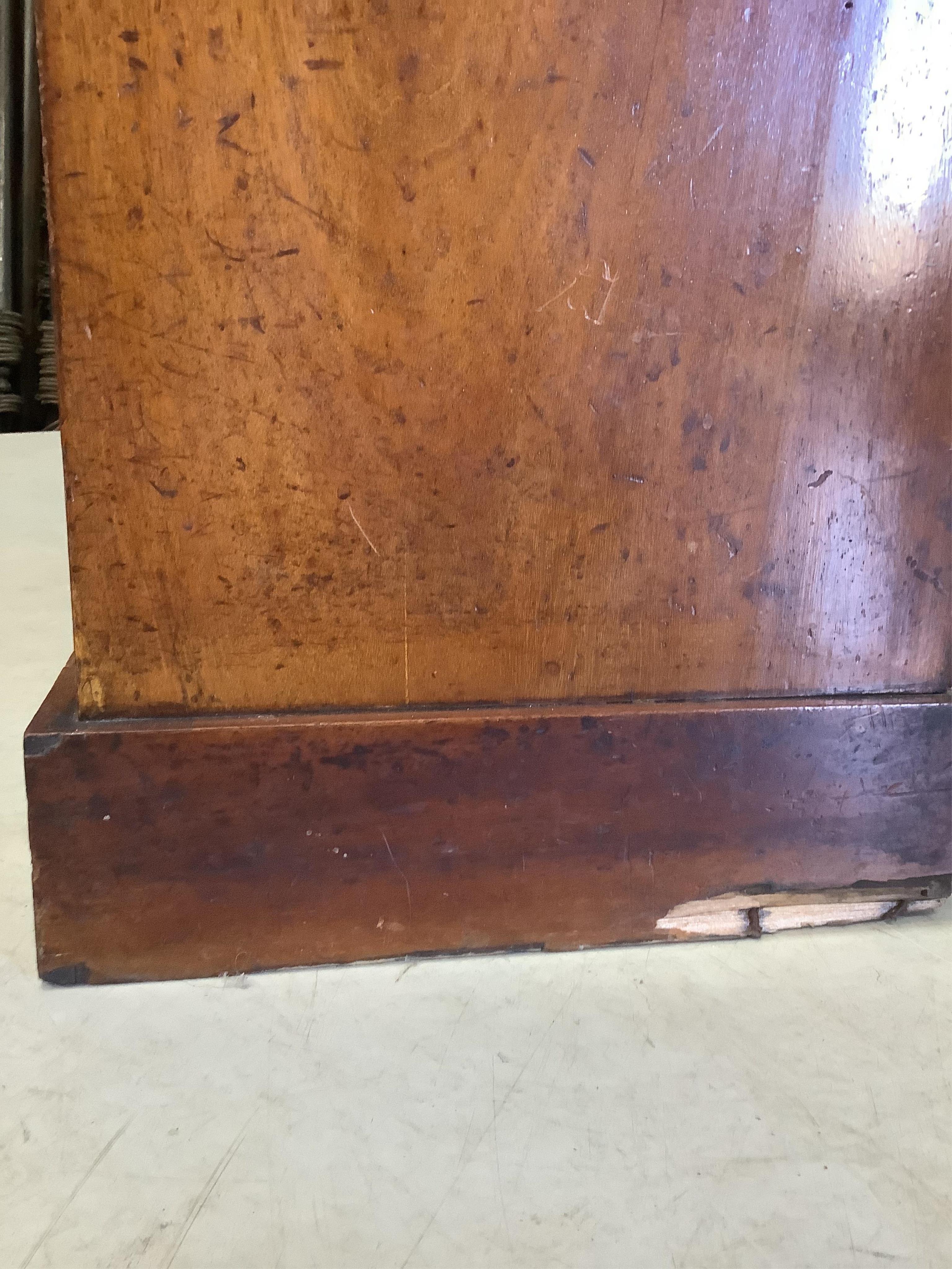 A Victorian mahogany chiffonier, width 91cm, depth 42cm, height 145cm. Condition - fair, plinth foot damaged